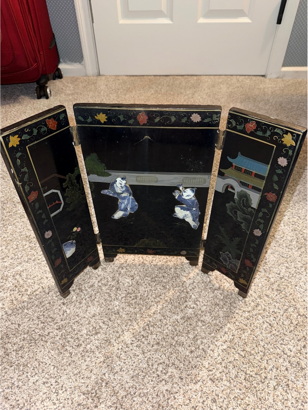 Vintage Asian-Inspired Three-Panel Decorative Folding Screen with Painted Detail